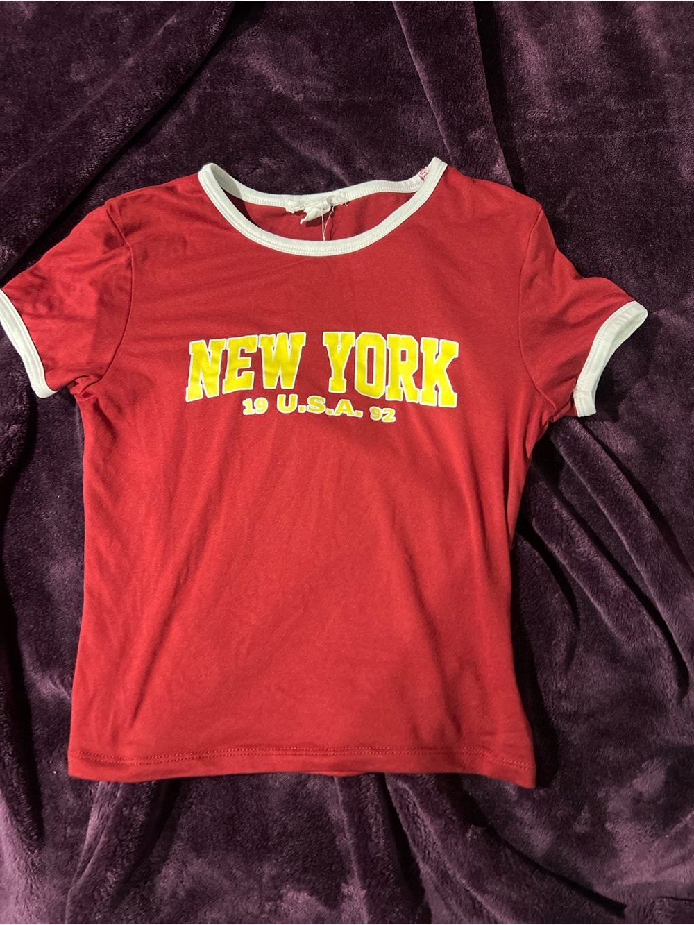 refuge Red Ringer Tee with Yellow "NEW YORK" Graphic